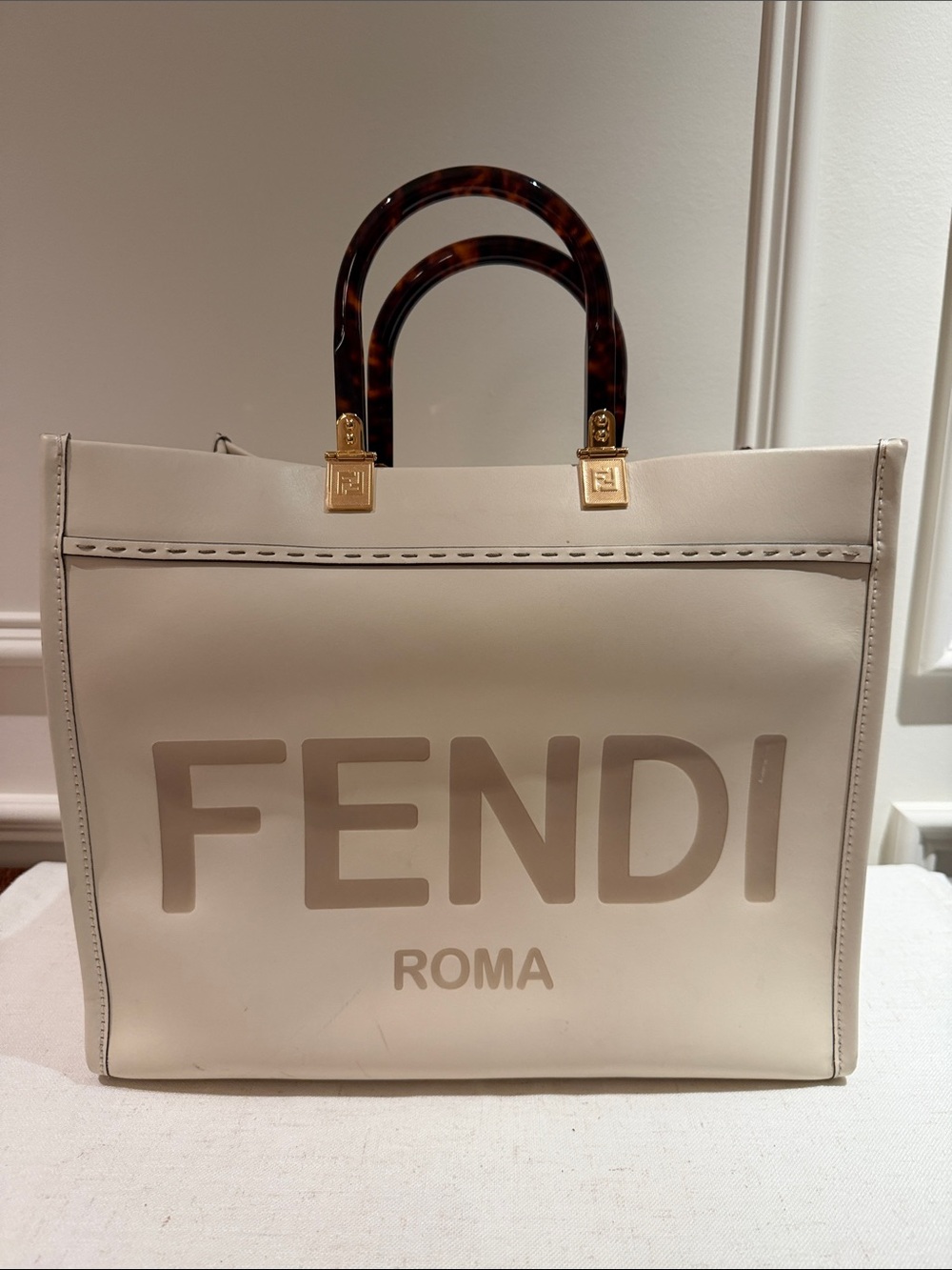 Fendi Cream Leather Tote with Tortoiseshell Handles